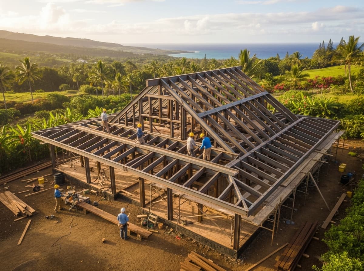 Plantation style home under construction with steel framing on Maui